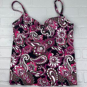 Lands End Swim Top Women 10 Purple Pink Tankini Underwire Bra Paisley‎ Floral